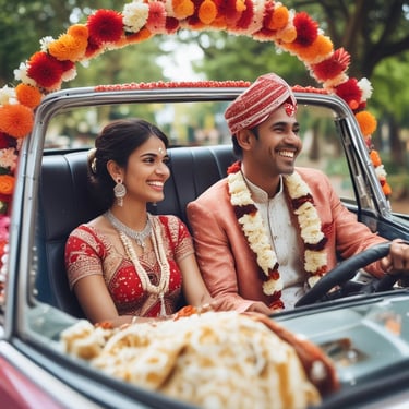 A indian happy couple in a decorated car after their wedding.