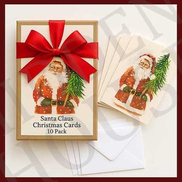 a hand painted christmas card print with a santa clause holding a christmas tree