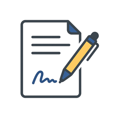 Flat line icon of a yellow pen signing a legal document or contract with a blue signature.