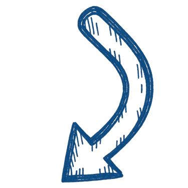 A hand-drawn blue curved arrow pointing downwards with a textured, sketchy doodle style.