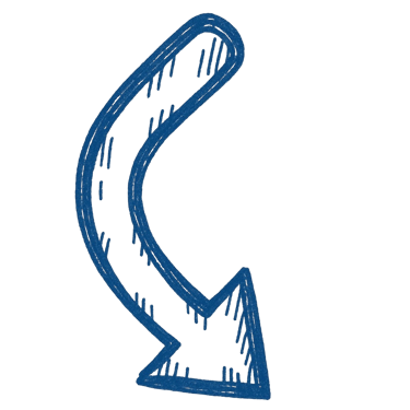 A hand-drawn blue curved arrow pointing downwards with a textured, sketchy doodle style.