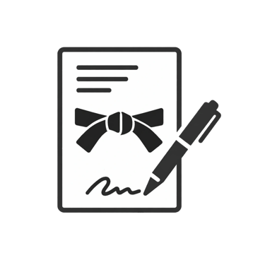 Martial arts black belt certificate icon with a signing pen representing karate graduation.