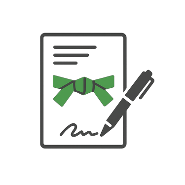 Six Sigma Green Belt certification document icon with a signed paper and pen.