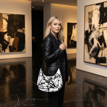 A blonde woman carries a patterned leather handbag by Vymoyre in an abstract art gallery.