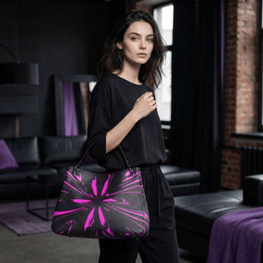 A woman holding a designer tote bag by Vymoyre with a pink and black floral pattern.