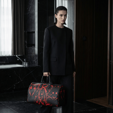 A woman in a luxury blazer holds a designer travel bag by Vymoyre with red paint splatter details.