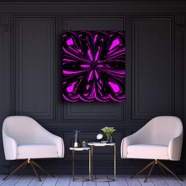 Modern living room with black walls, white accent chairs, and pink abstract wall art by Olivia Seger