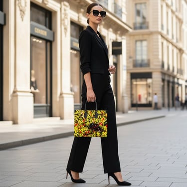 Elegant woman holding a yellow floral tote bag by Vymoyre on a city street.