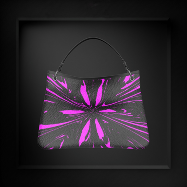 A luxury black leather handbag by Vymoyre featuring a vibrant neon pink abstract starburst pattern.