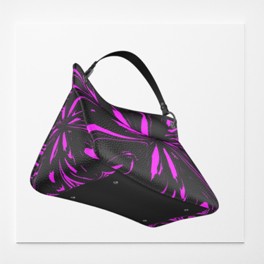 Stylish black leather handbag by Vymoyre feat a vibrant pink abstract pattern and a sleek top handle