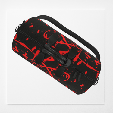 Black leather duffel bag by Vymoyre featuring a vibrant red paint splatter pattern and top handles.