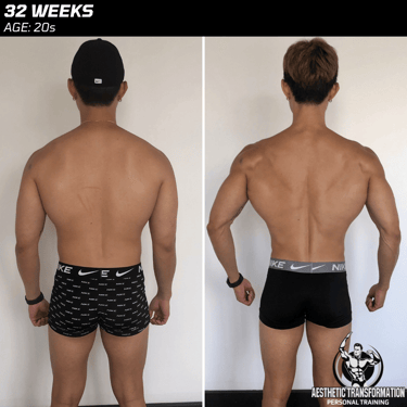 Sho's rear view before and after online fitness transformation.