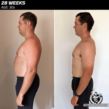 Beau's side view before and after online fitness transformation.