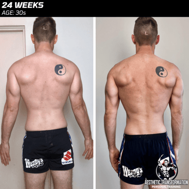 Dan's back view before and after his fitness transformation, achieved with Aesthetic Transformation’