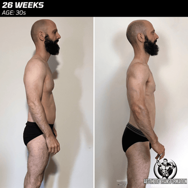 Marco's side view before and after online fitness transformation.
