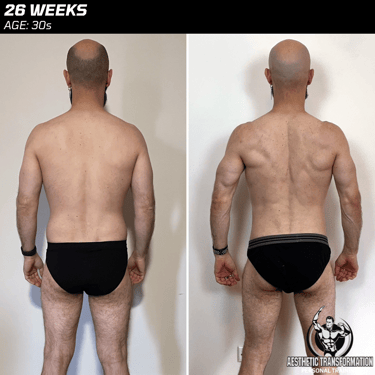 Marco's rear view before and after online fitness transformation.