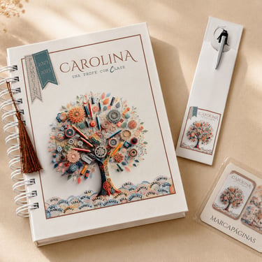 Agenda totalmente personalizada para regalo de fin de curso para profesora, realizada a mano por Amélie Art.