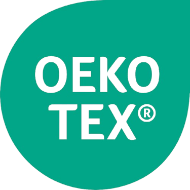 OEKO-TEX certified logo in white text on a green leaf-shaped background for textile safety.