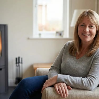 Cliente satisfaite Marie Claire M. devant son poêle à granulés après entretien