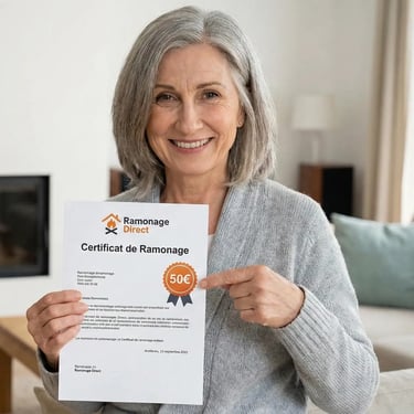 Cliente souriante montrant son certificat de ramonage officiel à 50€ délivré par Ramonage Direct 