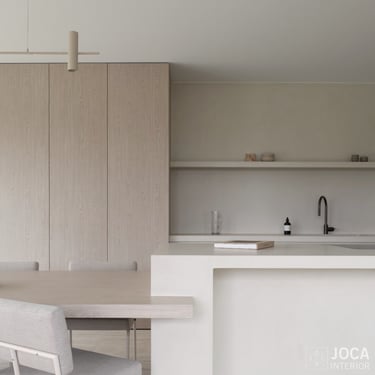 Keuken eiland, schab, aanrecht en kasten meubels bekleed in Microtopping door Joca Interior