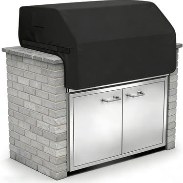Durable black waterproof grill cover protecting a built-in stainless steel outdoor kitchen BBQ.