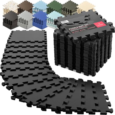 Black interlocking EVA foam puzzle mat tiles for gym flooring and home exercise workouts.