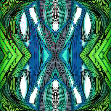 abstract painting of a green bamboo frame with cool blue center and tribal markings