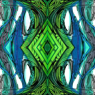 a green and blue abstract pattern with a large, ornate pattern