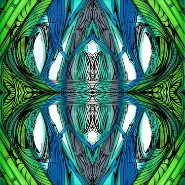 a green and blue abstract painting of a large, ornately designed design