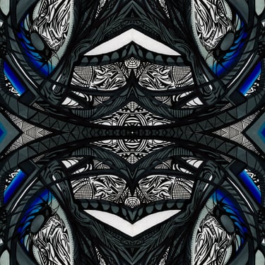 a stained glass window with a blue and white background