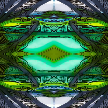 a green and yellow abstract photograph of a large, ornately decorated, ornately