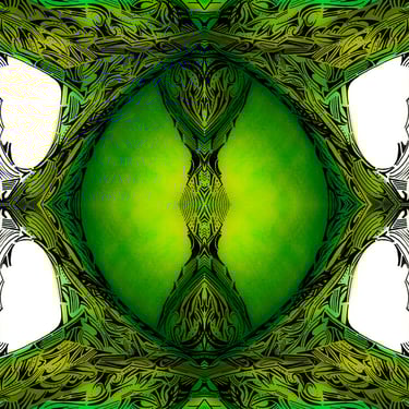 a green and yellow abstract pattern of a leafy pattern