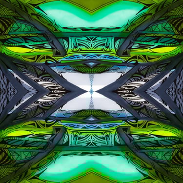 a green and black abstract photograph of a large, ornately decorated, ornately