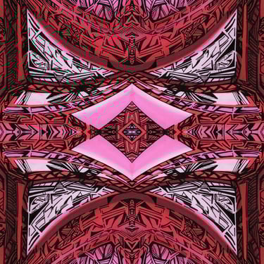 a red and white abstract pattern with a pink background