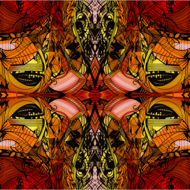a colorful abstract pattern of a fish with a red and yellow background