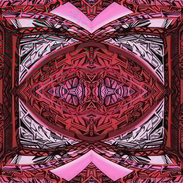 a red and white abstract pattern with a square frame