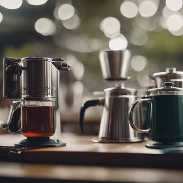 a Tea maker with a cup of Teab and Tea blends