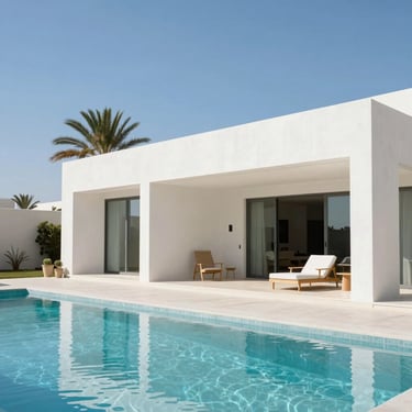 Architectural exterior of a sun-drenched minimalist luxury villa in West Bay Lagoon, clean concrete lines, private swimming pool reflecting the bright blue sky, landscaped palms, 35mm