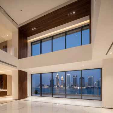 High-end modern apartment interior in Lusail Marina, twilight photography with warm interior ambient lighting, sleek dark wood accents, view of the illuminated Lusail skyline, 35mm