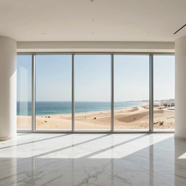 Straight-on architectural photograph of a luxury modern penthouse interior in The Pearl, floor-to-ceiling windows overlooking the Persian Gulf, minimalist white marble floors, bright natural desert sun, 35mm