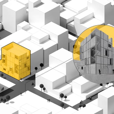 3D architectural rendering with highlighted building in yellow within a city block, detailed inset view.