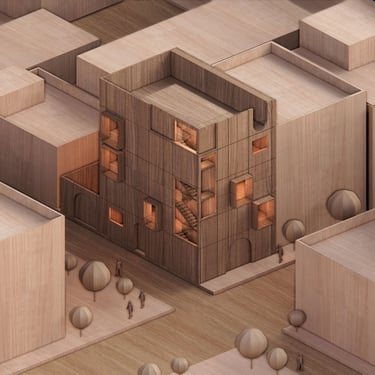 5-story architectural model in wood texture, minimalist urban design, varying windows, maquette style.