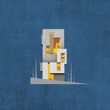 Modern architectural digital artwork with geometric design, yellow lights, and barren trees against a blue background.