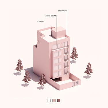 3D model of multi-story building with labeled rooms and surrounded by trees, showing three color swatches.