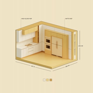 3D kitchen model with high gloss MDF, matte MDF finishes, dimensions, and labeled appliances.
