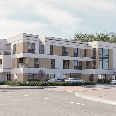 3D architectural visualization of a modern residential building with realistic textures and lighting.