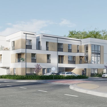 3D architectural rendering of a modern residential building featuring minimalist design elements and realistic textures.