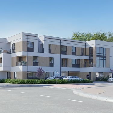 Exterior view of a contemporary residential building featuring large windows, clean lines, and modern architectural elements.