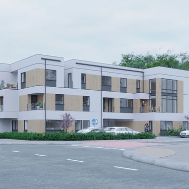 3D rendering of a modern apartment building with minimalist architecture, designed for residential living in a green area.